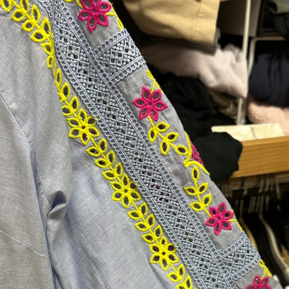Talbots Light Blue Blouse with Pink and Yellow Embroidery - Picture 2 of 8